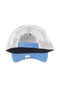 Blue baseball cap with a solid front and a white mesh back. Features a curved visor and an adjustable strap in blue. Smooth texture.