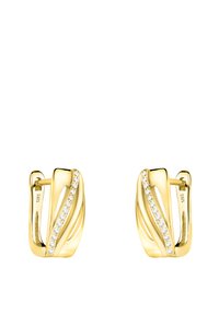 Guldtonade örhängen med en vågig design och en rad små klara ädelstenar. Har en polerad yta och en gångjärnsstängning för fäste.