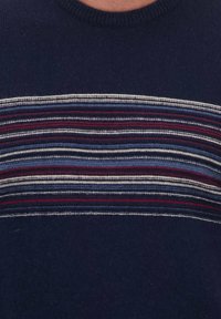 Gebreide marineblauwe trui met horizontale strepen in rood, wit en blauwe tinten. Klassiek ontwerp met ronde hals en een zachte textuur.