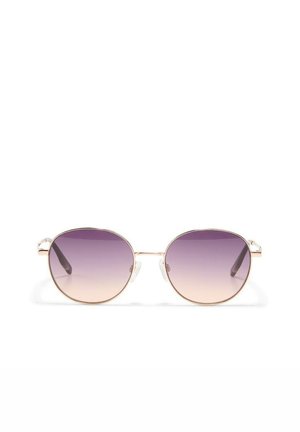 Lunettes de soleil rondes à monture métallique avec verres dégradés du violet au rose clair et plaquettes de nez ajustables sur fond blanc.