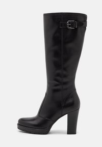 Black knee-high boots made of smooth leather, with a rounded toe, stacked high heel, and an adjustable buckle detail on the side.