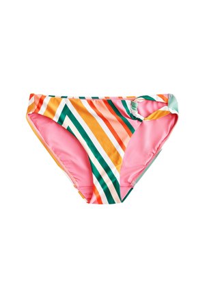 Braguita de bikini rosa con rayas diagonales multicolores en naranja, verde y blanco. Material suave con detalles fruncidos a los lados.