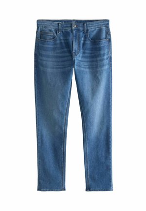 Blue denim jeans with front pockets, belt loops, button closure, and slight fading on thighs and knees, laid flat on white background.