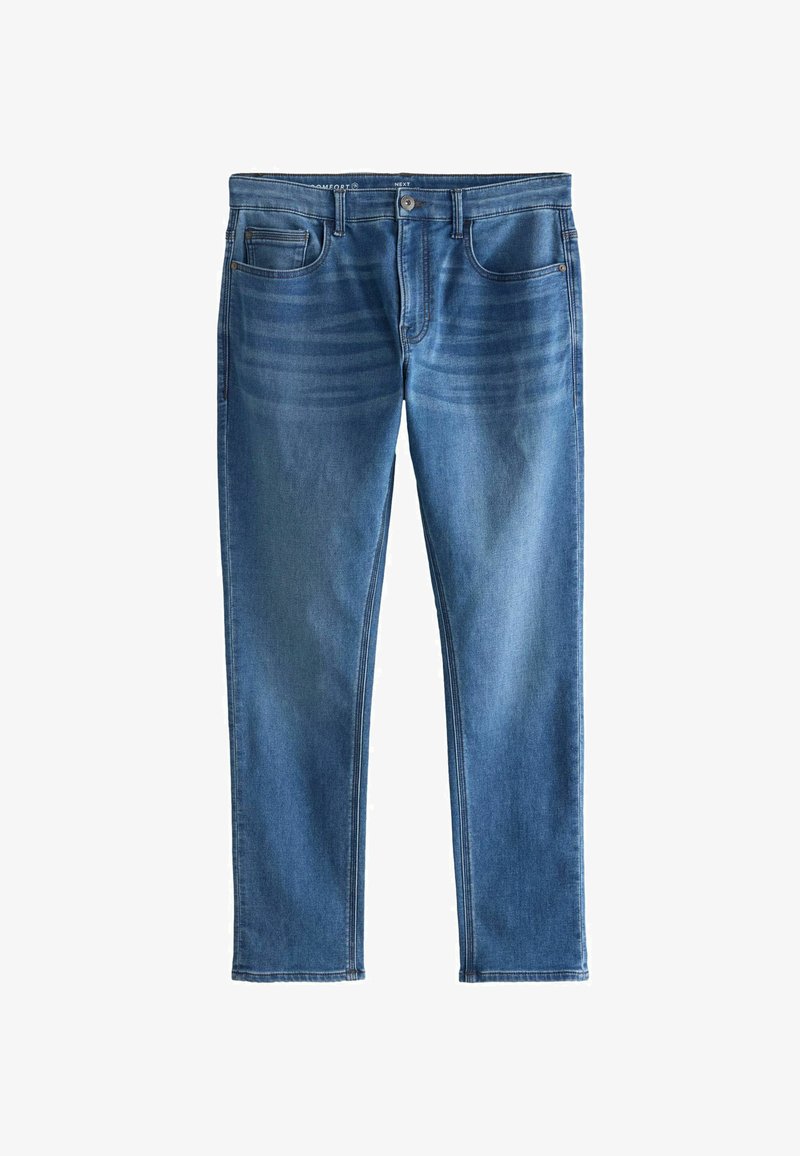 Jean en denim bleu avec poches avant, passants pour ceinture, fermeture par bouton, et légère décoloration sur les cuisses et les genoux, étalé à plat sur un fond blanc.