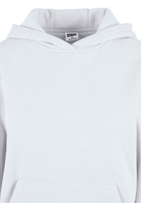 Sweat à capuche blanc en mélange de coton doux, avec une poche kangourou, une capuche ajustable à cordon, et des poignets et une ceinture côtelés.