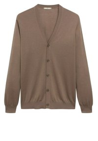 Cárdigan marrón con escote en V, mangas largas, cierre frontal con botones y puños y dobladillo acanalados. Fabricado con una tela suave y lisa.