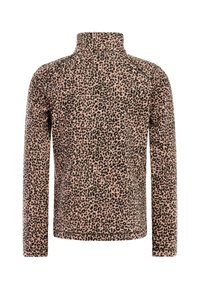 Langærmet top med leopardprint, der har en høj krave, blød tekstur og en kombination af beige og sorte farver i hele designet.