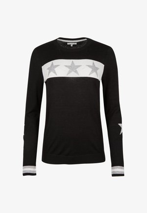 Schwarzer gestrickter Pullover mit einem weißen horizontalen Band, verziert mit silbernen Sternen und gestreiften Akzenten an den Bündchen. Klassisches Rundhalsausschnitt-Design.