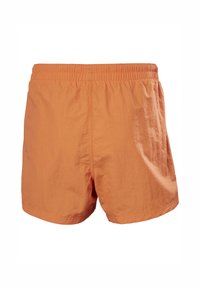 Oranžové šortky z lehké látky, s elastickým pasem, jednoduchým designem a bez viditelných vzorů nebo kovových detailů.