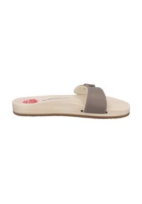 Gray leather slide sandal with a curved strap, beige footbed, and textured brown sole. Features contrast stitching for added detail.
