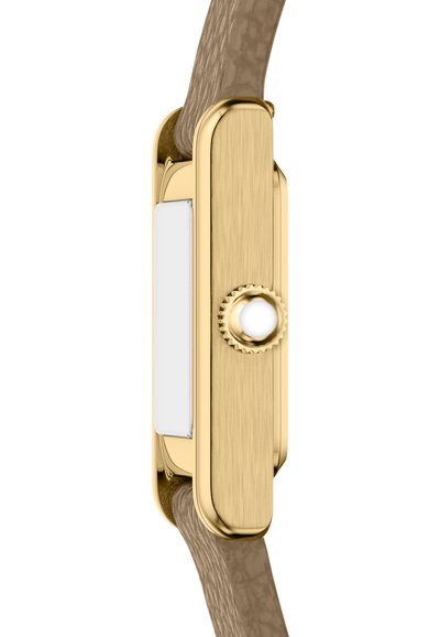 Montre intelligente ton or avec un boîtier rectangulaire, un cadran blanc lisse et un bracelet marron texturé. Comprend une couronne texturée proéminente.