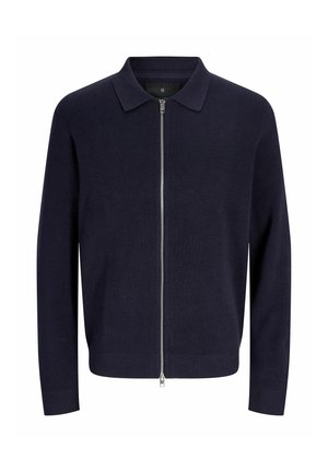 Cardigan blu navy a manica lunga con cerniera frontale argentata completa e collo morbido, mostrato su sfondo bianco.