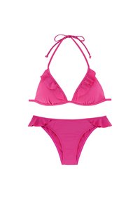 Rožinis bikinis su raukšlėtais akcentais. Rišamas kakle ir nugaros dalyje, turi trikampį viršų ir žemai pasiektus apačius su išplatėjusiomis kraštinėmis. Lygus paviršius.