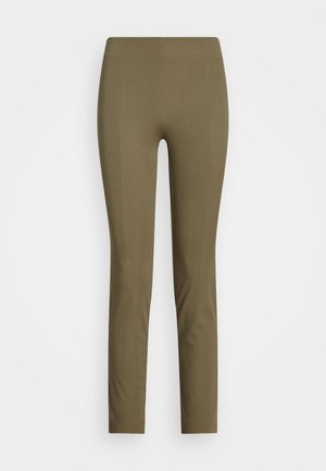 Legginsy oliwkowe w dopasowanym kroju, z wysokim stanem, do kostek, wykonane z gładkiego, elastycznego materiału.