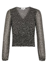 Blusa negra con lunares blancos, escote en V, mangas largas transparentes y cintura fruncida con dobladillo festoneado.