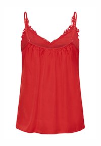 Sarkans bezplecu kamizolis ar mežģīņu apdari, regulējamām plānām lencītēm un ruļļotu kakla izgriezuma detaļu.