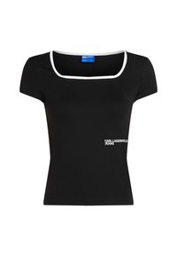 Juodas marškinėlis su kvadratine iškirpte, trumpomis rankovėmis ir balta apdaila. Apatinėje kairėje pusėje yra logo "KARL LAGERFELD JEANS".