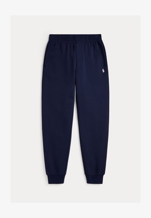 Pantaloni della tuta blu navy con vita e polsini elasticizzati, tasche laterali e piccolo logo bianco ricamato sulla coscia sinistra.