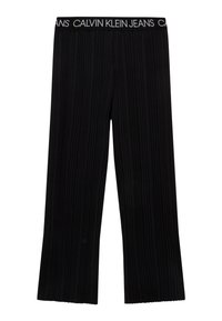 Czarne, żebrowane spodnie typu wide-leg z elastycznym pasem z białym wzorem tekstowym "CALVIN KLEIN JEANS".