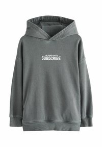 Sweatshirt gris à capuche, avec un graphique sur le devant portant la mention "SUB5CRIBE". Conçu en tissu doux avec des poignets et un ourlet côtelés.