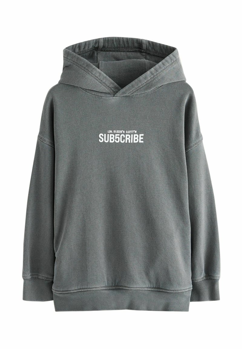 Sweatshirt gris à capuche, avec un graphique sur le devant portant la mention "SUB5CRIBE". Conçu en tissu doux avec des poignets et un ourlet côtelés.