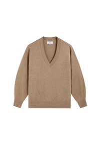 Pull en tricot beige à manches longues et décolleté en V, avec des détails perforés discrets près de l'ourlet, des poignets côtelés et un ourlet droit.