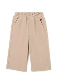 Beige corduroy shorts met een elastische tailleband, twee zijzakken en een subtiele geribde textuur. Kleine hartdetails aan de voorkant.