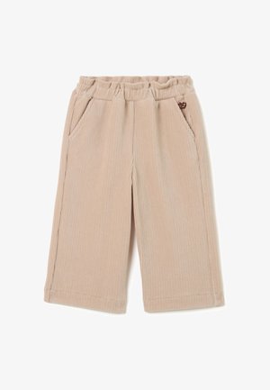 Beige corduroy shorts met een elastische tailleband, twee zijzakken en een subtiele geribde textuur. Kleine hartdetails aan de voorkant.