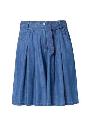 Hoch taillierter blauer Jeansrock mit Falten, Vordertaschen, einem am Bund gebundenen Stoffgürtel und einem Metallknopfverschluss.