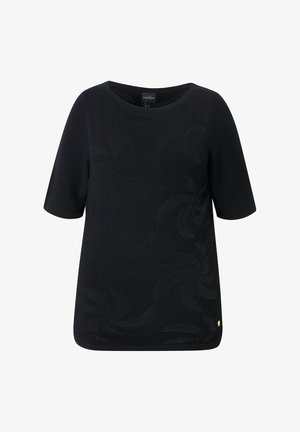 Černé krátké rukávy s texturovaným vzorem a jemným leskem. Má kulatý výstřih a zlatý akcent na lemování. Hladká tkanina.