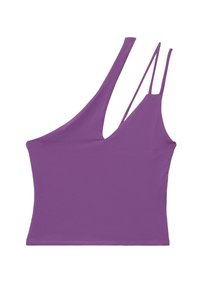 Top corto morado con un solo tirante y un tirante adicional tipo spaghetti. Fabricado con una tela suave y de diseño ajustado.