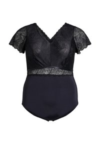 Black bodysuit with lace short sleeves, V-neck, and a scalloped lace waistband. Smooth fabric in the body with a fitted silhouette.