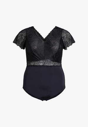 Svart bodysuit med korta ärmar i spets, V-ringning och en scalloped spetsmidja. Slät tyg i kroppen med en figurnära silhuett.