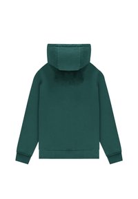 Sudadera color verde azulado con un bolsillo tipo canguro en la parte delantera, una capucha amplia y puños acanalados. Textura suave y diseño sencillo, sin logotipos ni patrones visibles.
