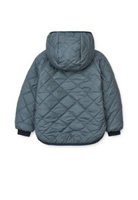 Gepolsterte Jacke in Grau mit Kapuze. Verfügt über marineblaue gerippte Bündchen und Saum. Das Material ist glatt mit leichtem Glanz. Diamantmuster überall.