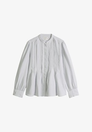 Witte blouse met lange mouwen, verticale plooien aan de voorkant, ronde halslijn, knoopsluiting en manchetten met knopen.