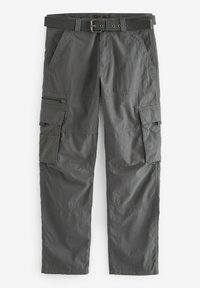 Cargo pants in dark gray fabric with a smooth texture. Features multiple pockets, a belt, and a relaxed fit, suitable for casual wear.