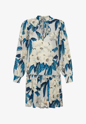 Blomsterkjole med høj hals, lange pufærmer og elastisk talje. Stoffet prydes af blå, hvide og grønne blomsterdesigns.