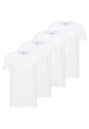 Four white cotton t-shirts with short sleeves and round necklines. Each features a subtle brand logo on the front.