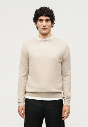 Homme aux cheveux bouclés portant un pull beige par-dessus une chemise blanche et un pantalon noir, debout devant un fond clair uni.