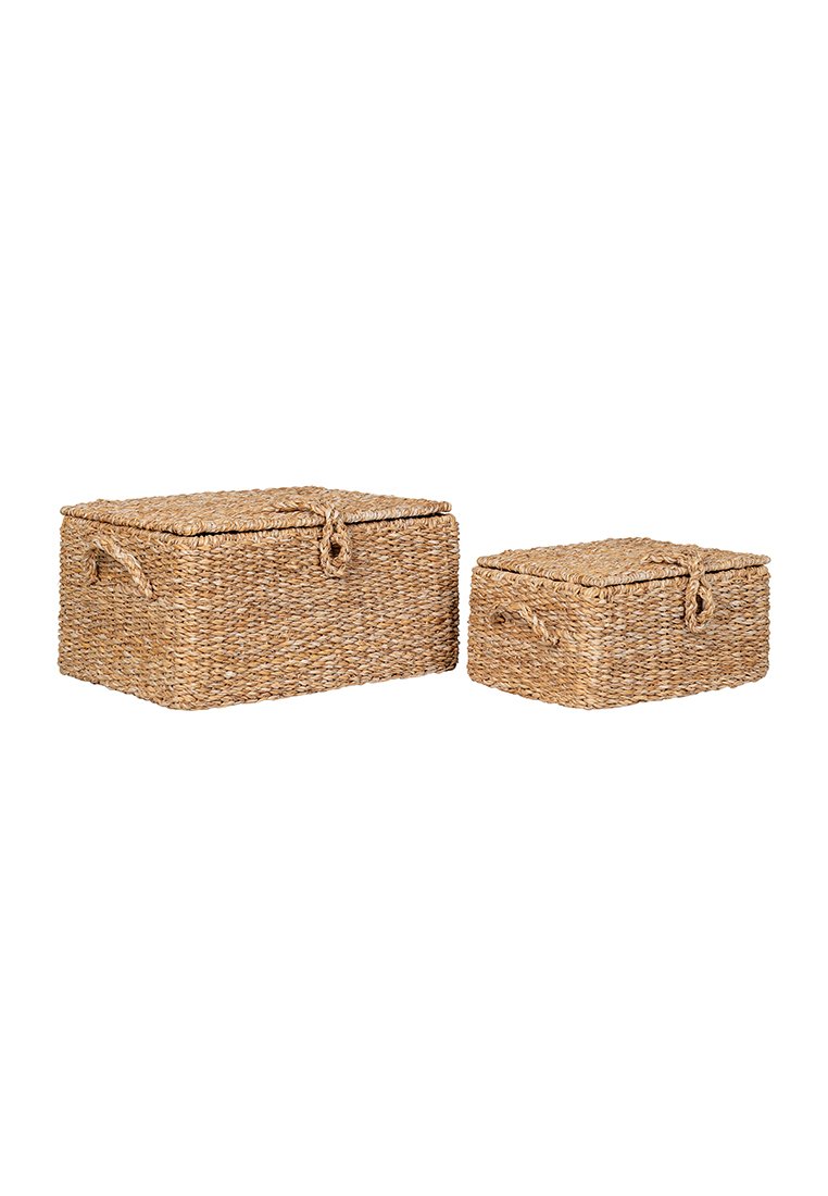 Bacs de rangement en osier dans des tons naturels, un grand rectangle et un plus petit carré, dotés de poignées et d'une surface texturée.