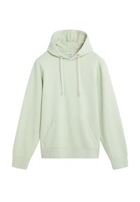 Sudadera verde claro hecha de tejido suave, con bolsillo frontal, capucha con cordones y puños y dobladillo acanalados. Diseño simple y minimalista.