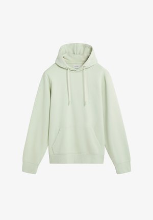 Light green hoodie made of soft fabric, featuring a front pocket, drawstring hood, and ribbed cuffs and hem. Simple and minimal design.