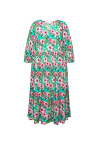 Floral Maxikleid mit türkisfarbenem Hintergrund, verziert mit rosa Hibiskusblüten und grünen Blättern. Lockere Passform mit Dreiviertelärmeln.