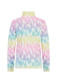 Dugim rukavima pulover s pastelnim tie-dye uzorkom u ružičastoj, plavoj, žutoj i ljubičastoj boji. Visoki ovratnik s glatkom, mekanom teksturom.