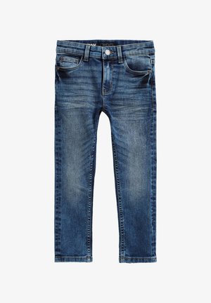Jeans en denim bleu avec poches avant, passants pour ceinture et fermeture par bouton, présentant des détails légèrement délavés aux cuisses et aux genoux.