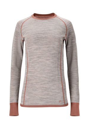 Langærmet crew neck top i lysegrå med en subtil tekstur. Kontrasterende ferskenfarvede detaljer langs sømmene og mancherne. Blødt stof for optimal komfort.