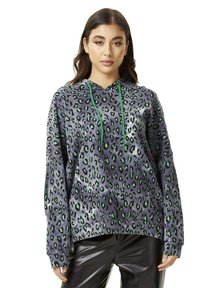 Gray leopard print hoodie with green accents, featuring a drawstring hood and long sleeves, made from a smooth, soft fabric.