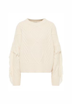 Sweter w kremowym kolorze z wzorem w warkocze, zdobiony diamentowymi wzorami i frędzlami na rękawach. Krótki krój i ściągacze nadają mu teksturę.