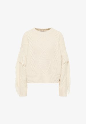 Sweter w kremowym kolorze z wzorem w warkocze, zdobiony diamentowymi wzorami i frędzlami na rękawach. Krótki krój i ściągacze nadają mu teksturę.